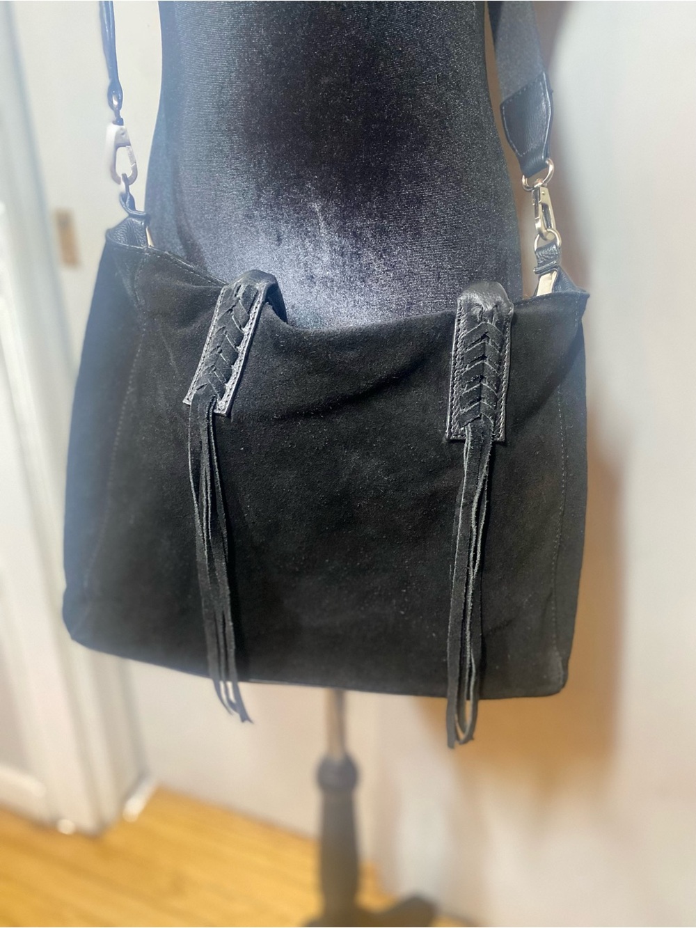 SORIAL Black Suede Shoulder Bag with Braided Tassels - Women